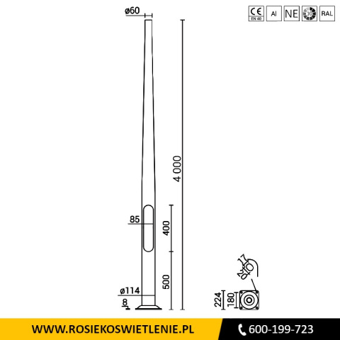 Lampa parkowa aluminiowa klosz ELBA - całkowita wysokość 4,5m Lampa parkowa aluminiowa klosz ELBA - całkowita wysokość 4,5m