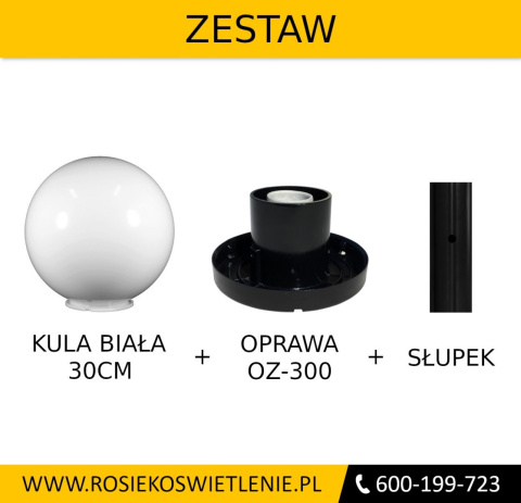 Kula ogrodowa 30cm biała + oprawa oświetleniowa OZ-300 + słupek montażowy 18cm Kula ogrodowa 30cm biała + oprawa oświetleniowa OZ-300 + słupek montażowy 18cm