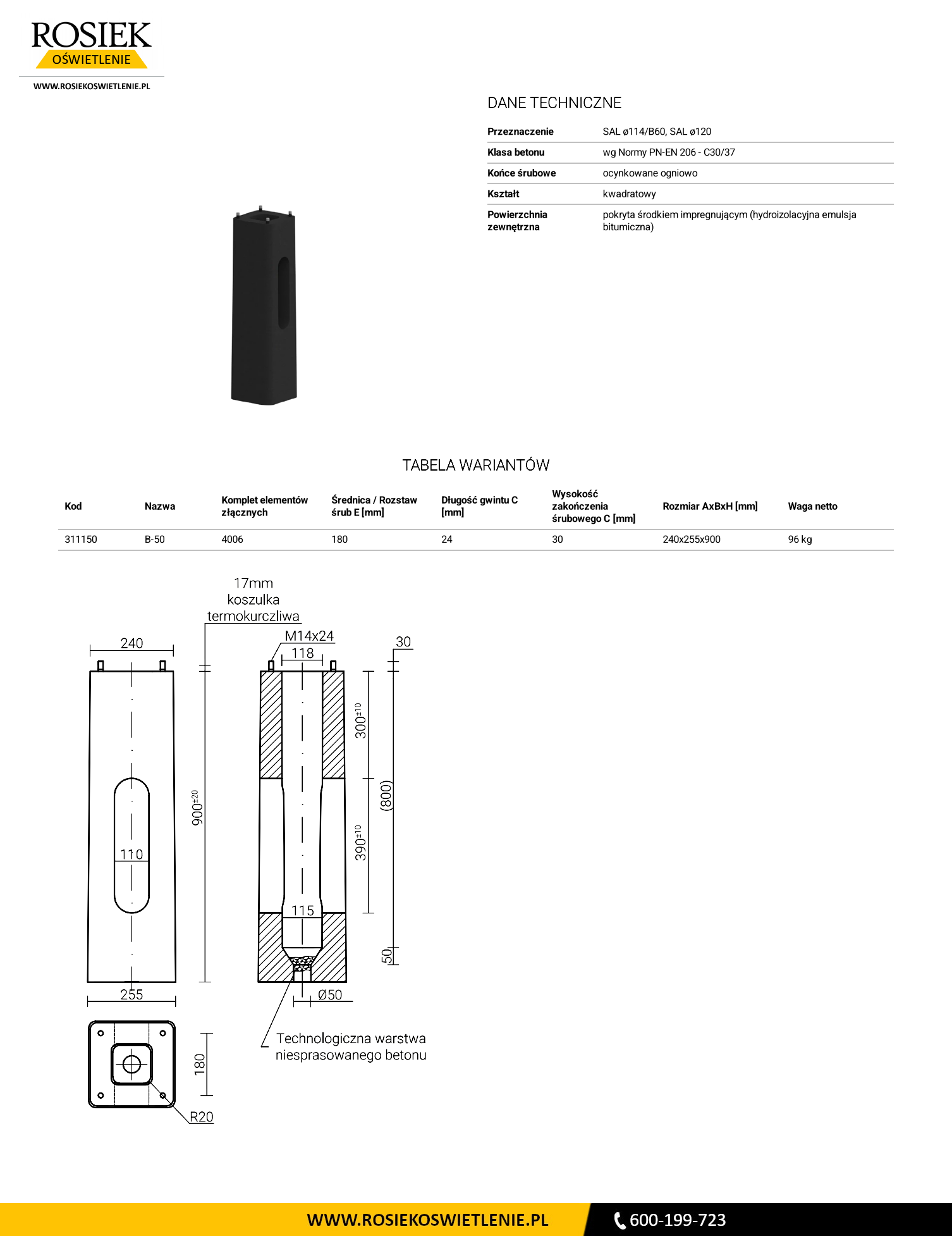 Fundament betonowy B-50 ROSA pod słupy oświetleniowe SAL Ø114/B60 i SAL Ø120