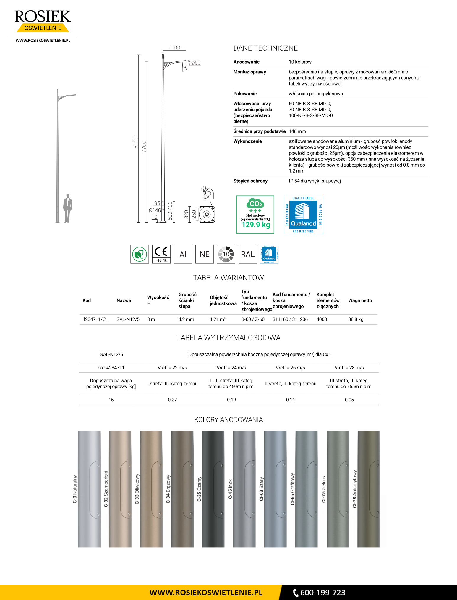 Słup oświetleniowy 8m SAL-N12/5 rosa